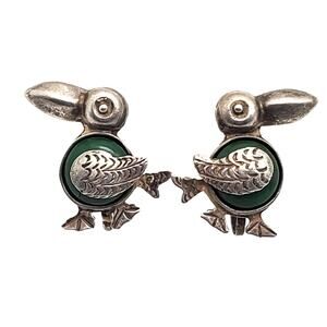 Taxco Silver Dodo Earrings Screw Back Duck Toucan Green Tropical Mexico Vintage